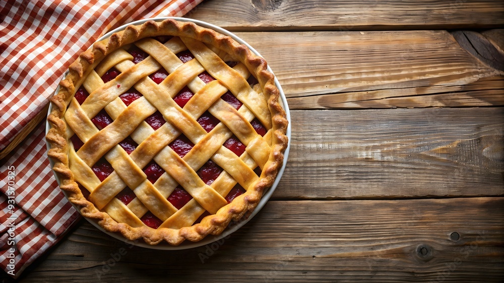 Obraz premium Delicious homemade pie with lattice crust displayed on rustic wooden table, pie, dessert, lattice, crust, delicious, homemade