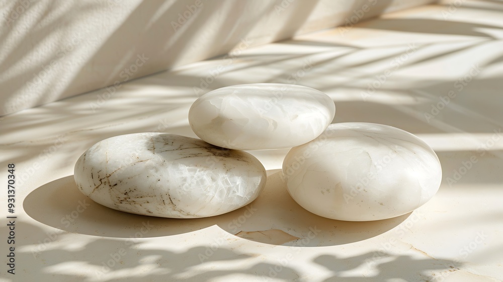 Minimal zen natural beauty Background for branding and product presentation Still life mock up photo of white marble stones with long shadow on beige table : Generative AI