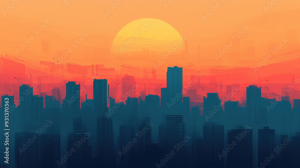 Stunning urban skyline at sunset, with tall buildings silhouetted against a vibrant orange and blue sky. Stunning urban skyline at sunset, with tall buildings silhouetted against a vibrant orange and blue sky.