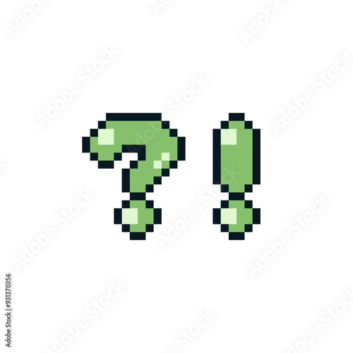 Question and exclamation mark, help icon pixel art style, ask. Isolated vector illustration. Game assets 8-bit sprite. Design for stickers, web, mobile app.