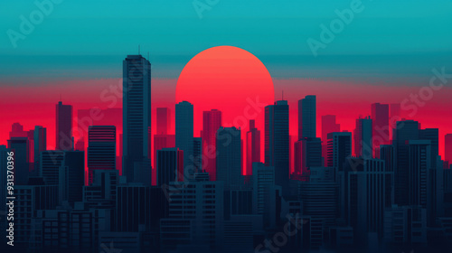 Stunning urban skyline at sunset with modern high-rise buildings silhouetted against colorful twilight sky. Perfect for cityscape visuals.