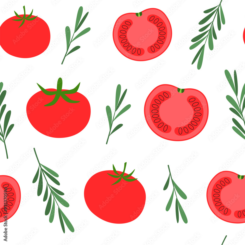 Tomatos seamless pattern. Slices of tomato with rosemary. Healthy food and weight loss. Autumn harvest season. Vector background, digital paper, wallpaper. Tomatos seamless pattern. Slices of tomato with rosemary. Healthy food and weight loss. Autumn harvest season. Vector background, digital paper, wallpaper.