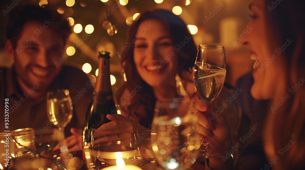 Friends celebrating Christmas or New Years eve with Bengal lights and champagne : Generative AI Friends celebrating Christmas or New Years eve with Bengal lights and champagne : Generative AI