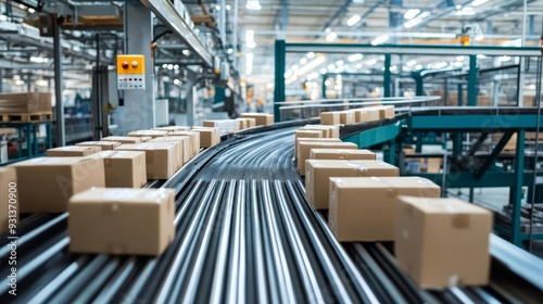 Classic factory conveyor belt with neatly arranged products, industrial setting, no people, Labor Day, efficiency and hard work