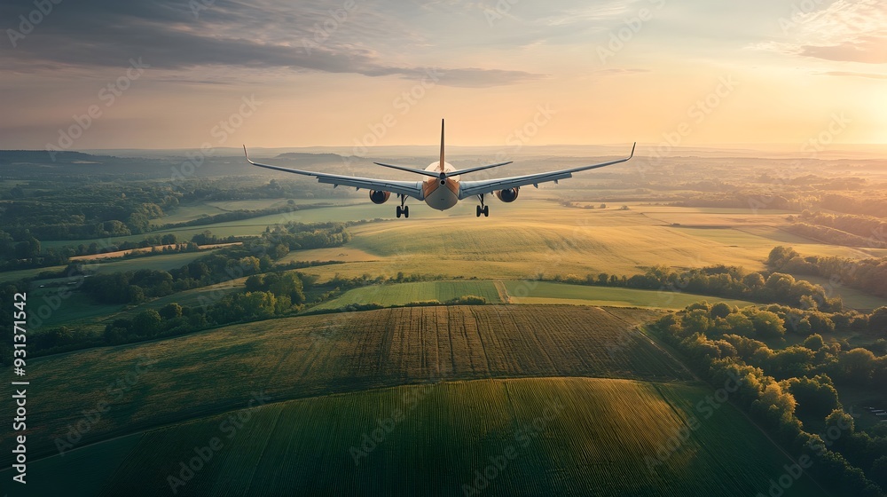Aerial Drone Capture of Airplane Flying over Pastoral Farmland Landscape Aerial Drone Capture of Airplane Flying over Pastoral Farmland Landscape