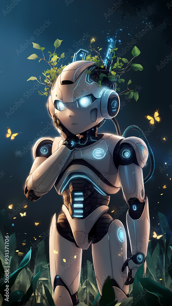 Fototapeta premium A Robot standing up surrounded by nature
