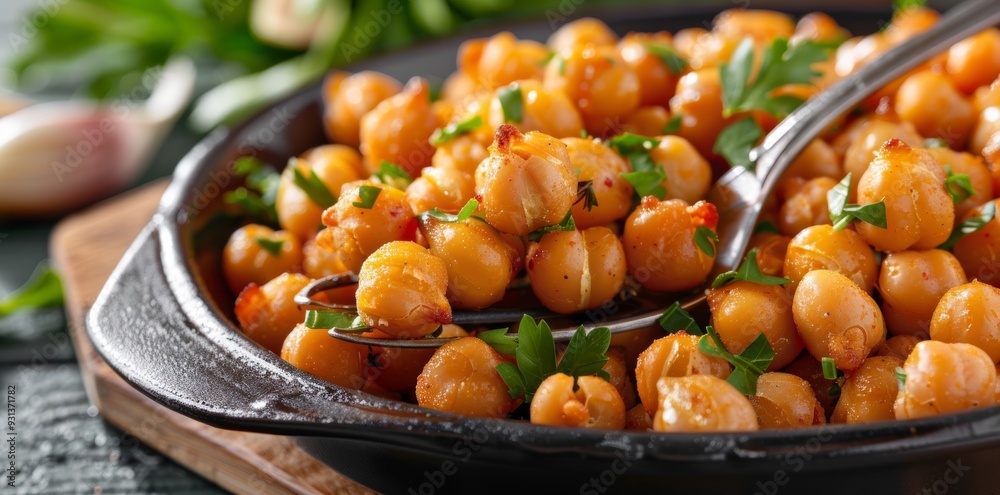 Chickpeas roasted with garlic, vibrantly presented as a healthy Mediterranean snack. Chickpeas roasted with garlic, vibrantly presented as a healthy Mediterranean snack.