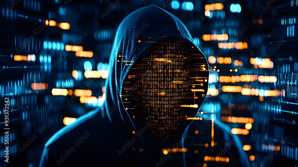 Obraz premium A hooded figure with a concealed face, surrounded by glowing lines of code and digital encryption, representing cyber-security threats in a dark, tech-infused background