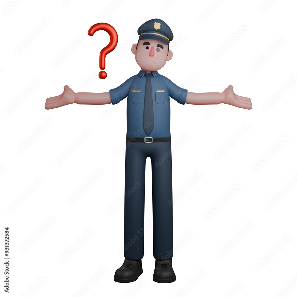 3D Male Police at Crime Scene. A police officer appears confused or uncertain, indicated by the open-hand gesture and a question mark above his head. Professional Character 3D Male Police at Crime Scene. A police officer appears confused or uncertain, indicated by the open-hand gesture and a question mark above his head. Professional Character