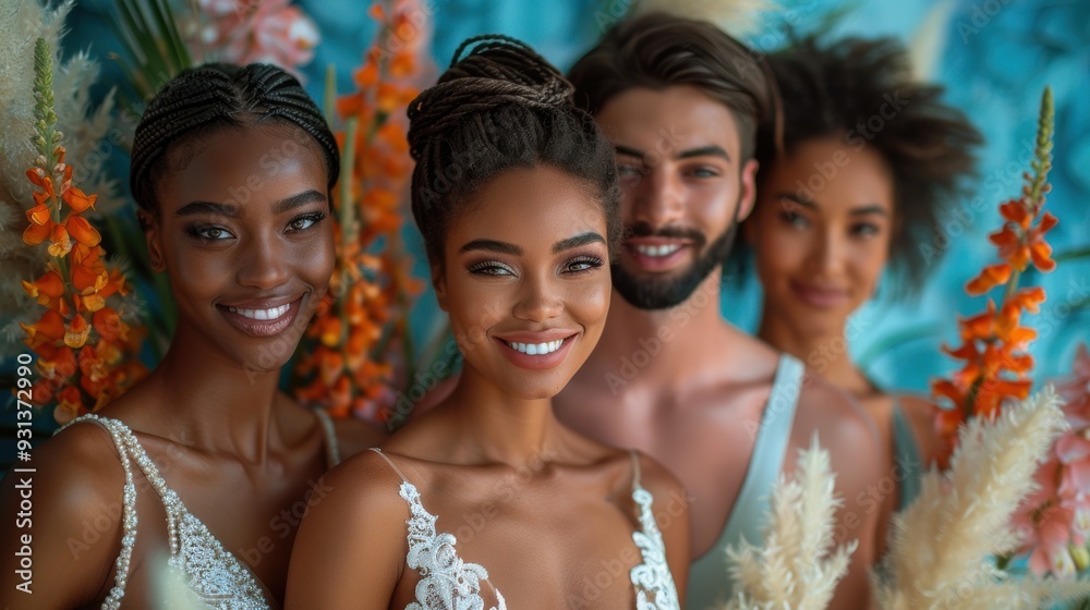 Obraz premium Group of diverse models posing together in vibrant floral setting during a fashion shoot
