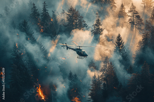 A firefighting helicopter drops water on a forest fire. Natural disaster