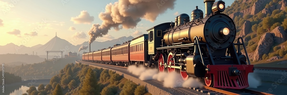 Fototapeta premium A vintage steam locomotive chugs along a scenic landscape, evoking nostalgia and adventure in this beautifully rendered illustration.