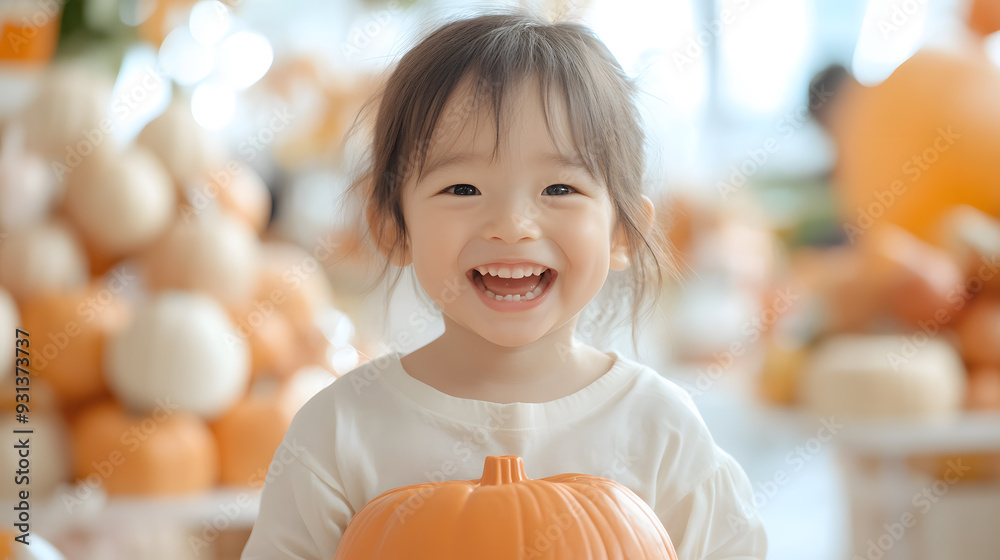 Fototapeta premium Joyful portrait of an Asian child in a pumpkin theme in Hallowen festival, standing in a colorful Halloween-themed studio, capturing the fun, spooky, and festive atmosphere of the holiday season.