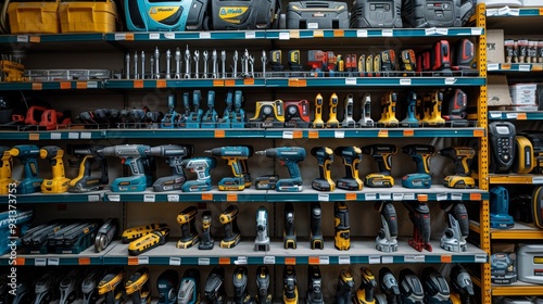 power tools on a shelf, milwaukee dewalt ryobi photo