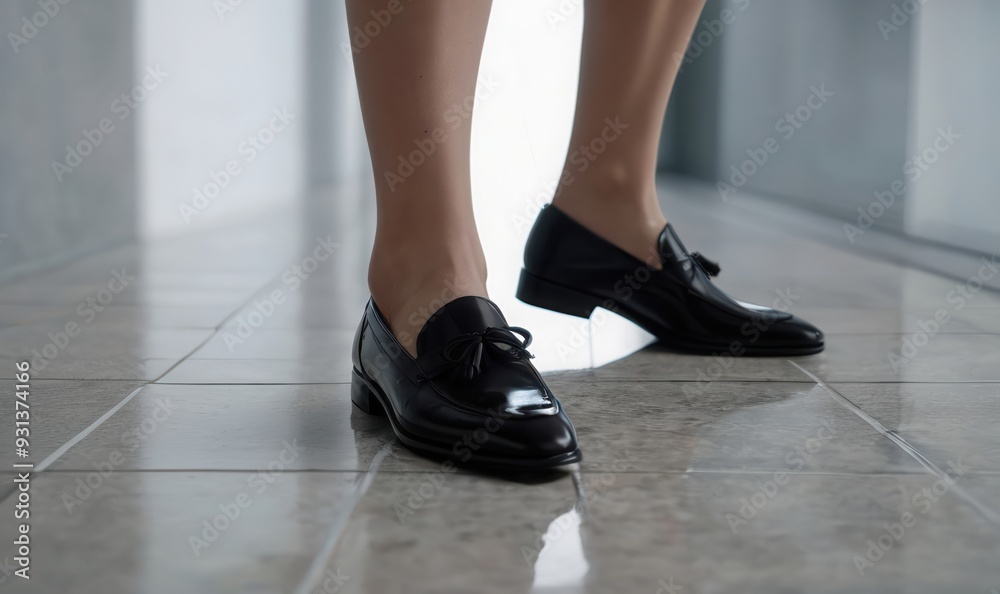 Elegant black shoes on polished tile floor, perfect for business environments, meetings, or professional settings, conveying confidence and style. Elegant black shoes on polished tile floor, perfect for business environments, meetings, or professional settings, conveying confidence and style.