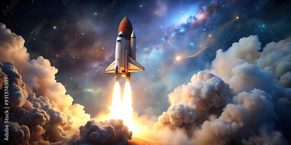 Spaceship rocket shuttle taking off into starry space with blast and puffs of smoke , space mission, launch, rocket Spaceship rocket shuttle taking off into starry space with blast and puffs of smoke , space mission, launch, rocket