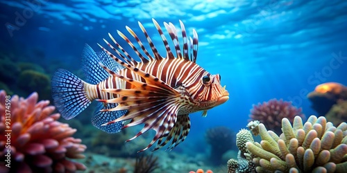 Beautiful lionfish swimming gracefully in the colorful sea , underwater, marine life, exotic, vibrant, tropical, ocean