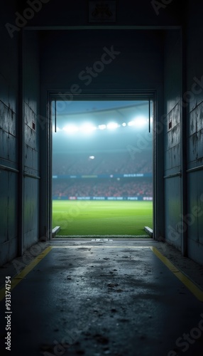A captivating view from the tunnel into a vibrant football stadium, showcasing anticipation and excitement for the game ahead.