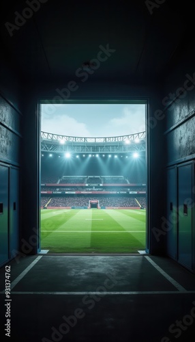 A dramatic view into a sports stadium from the tunnel, capturing the excitement and anticipation of game day, perfect for sports marketing and event promotions.