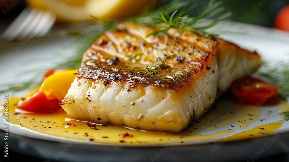 Take a photo by smart phone of sea bass fillet steak with lemon sauce served with vegetable on plate : Generative AI Take a photo by smart phone of sea bass fillet steak with lemon sauce served with vegetable on plate : Generative AI