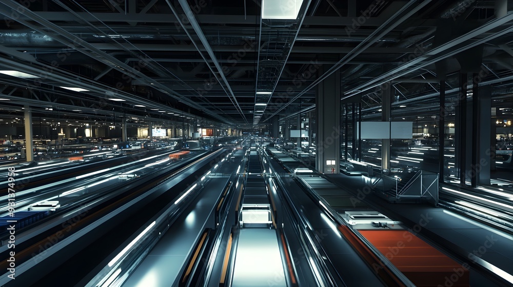 Naklejka premium Comprehensive View of Airport Baggage Handling System Revealing Intricate