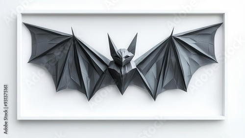 Abstract bat form made of geometric shapes, centered in a clean white frame, minimal Halloween design photo