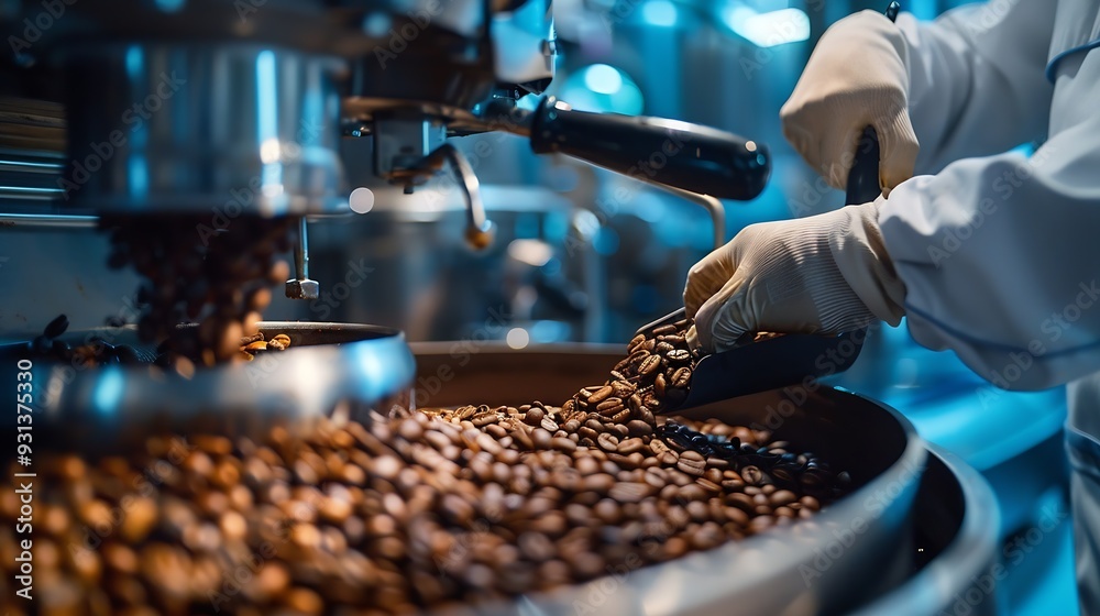worker took Freshly roasted coffee to check the quality of the mixer drum for cooling : Generative AI worker took Freshly roasted coffee to check the quality of the mixer drum for cooling : Generative AI