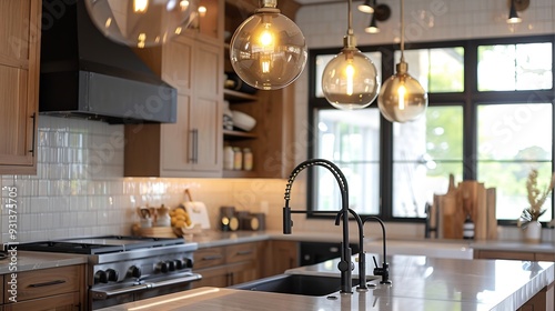 A kitchen detail with wood cabinets a black faucet subway tile backsplash and gold light fixtures hanging above the black island and marble countertops : Generative AI
