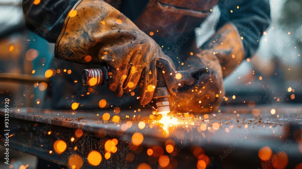 Closeup of a welder's hands operating a torch on Labor Day Closeup of a welder's hands operating a torch on Labor Day