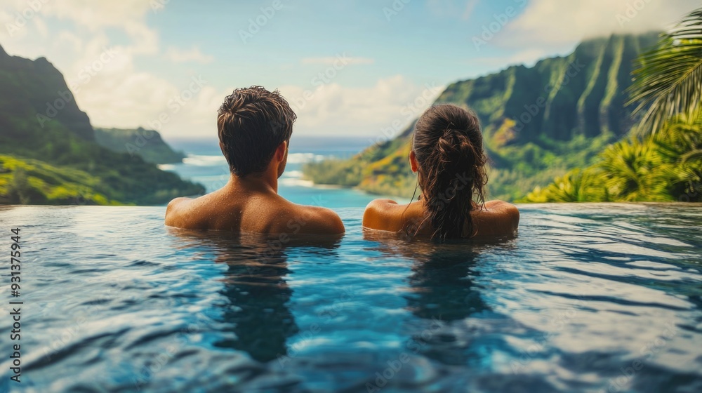 Hawaiian Honeymoon: Couple Relaxing in Infinity Pool with Volcano View Hawaiian Honeymoon: Couple Relaxing in Infinity Pool with Volcano View