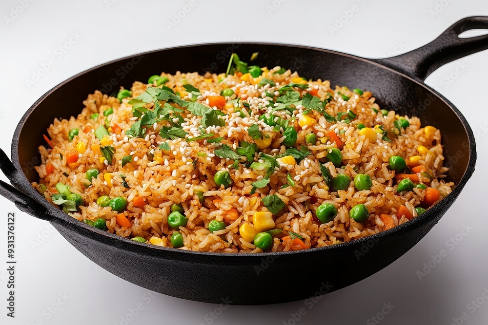 A black pan filled with rice and vegetables A black pan filled with rice and vegetables