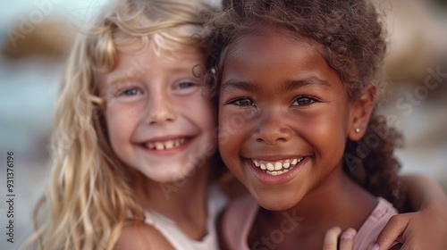 Two young girls smiling and embracing at the beach during sunset