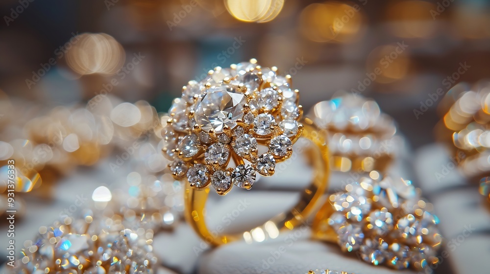 Big Cluster Diamond Ring On Sale in Shop front in UAE Dubai Best place in the world to buy luxury jewellery in the souks and markets of the united Arab emirates : Generative AI Big Cluster Diamond Ring On Sale in Shop front in UAE Dubai Best place in the world to buy luxury jewellery in the souks and markets of the united Arab emirates : Generative AI
