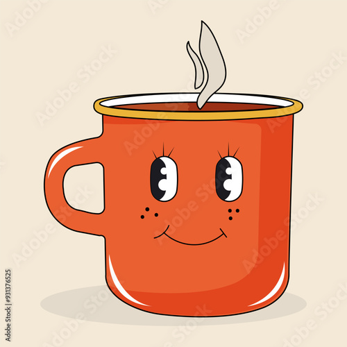 Mug with hot drink in groovy style on isolated background.Vector retro character.
