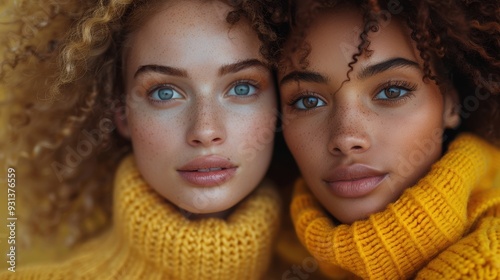 Two women with curly hair wearing yellow turtlenecks pose closely together in a warm and inviting setting during golden hour