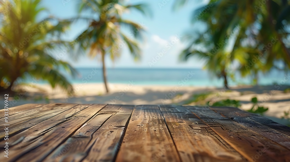 Empty wooden table with blurred beach with coconut trees in the background : Generative AI