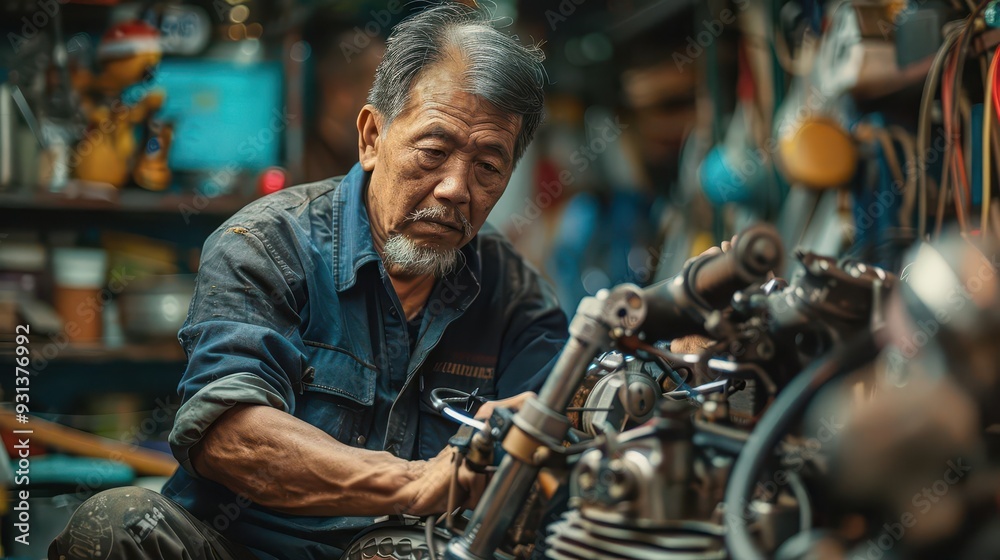 Thai mechanic working on a motorcycle engine, examining the parts closely Thai mechanic working on a motorcycle engine, examining the parts closely