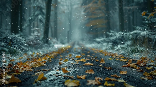 Snowfall on a winding forest road with fallen leaves in autumn
