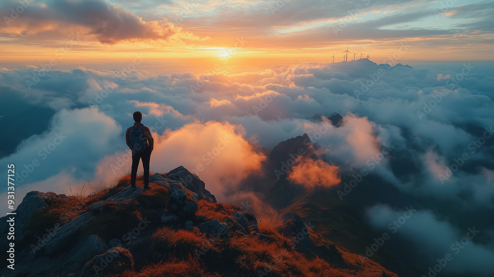 A man stands on a mountain top, looking out at the clouds and the sun. The scene is serene and peaceful, with the man's backpack adding a sense of adventure and exploration A man stands on a mountain top, looking out at the clouds and the sun. The scene is serene and peaceful, with the man's backpack adding a sense of adventure and exploration