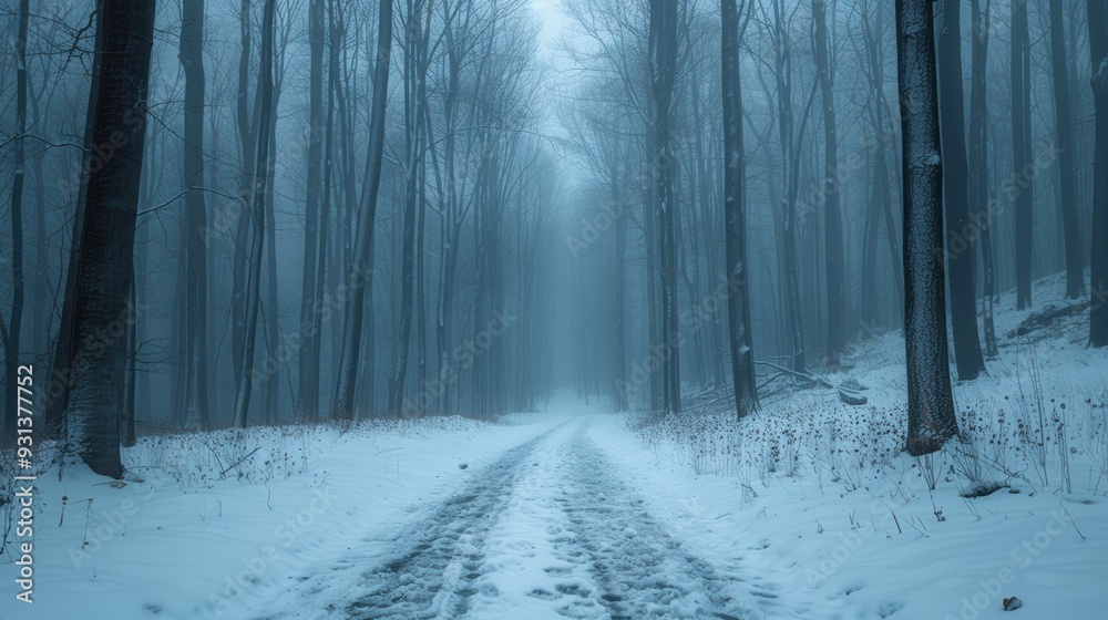 Naklejka premium A snowy forest path shrouded in fog during winter's early morning light
