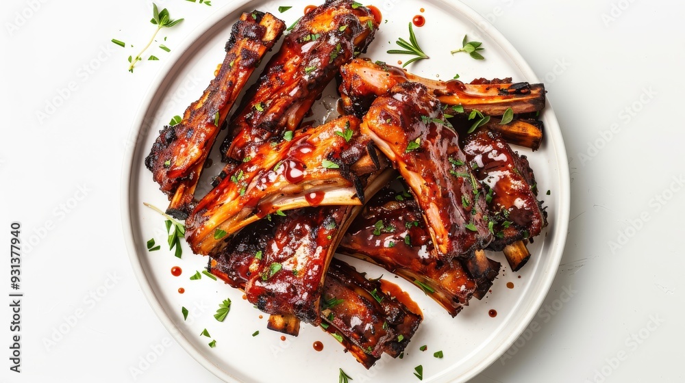 A plate of ribs with a sauce on top A plate of ribs with a sauce on top