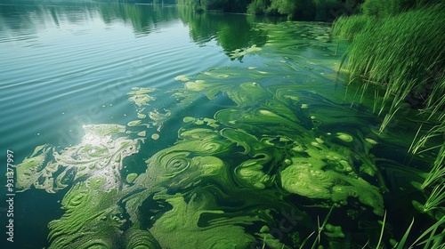 Algal bloom in lake due to agricultural runoff, photo