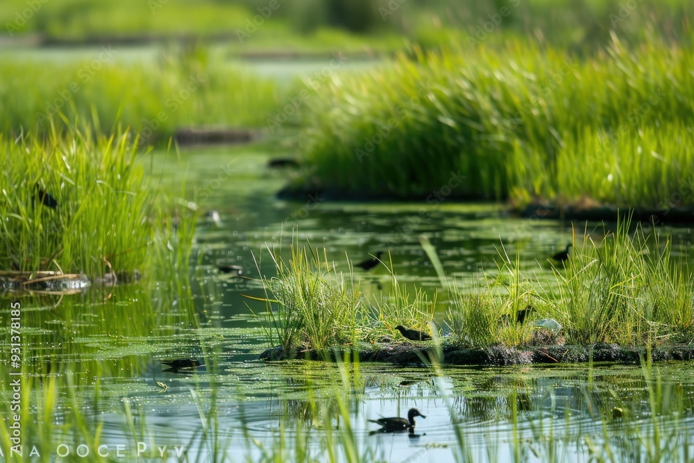 A pond with a lot of green grass and a few ducks swimming in it A pond with a lot of green grass and a few ducks swimming in it