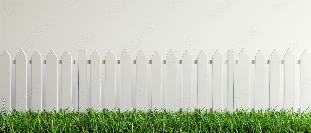 Fototapeta premium A white picket fence with green grass in between