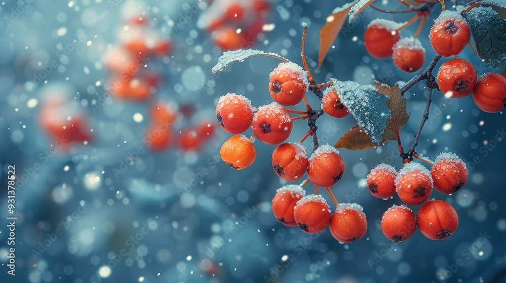 Bright red berries covered in snow during a winter snowfall Bright red berries covered in snow during a winter snowfall