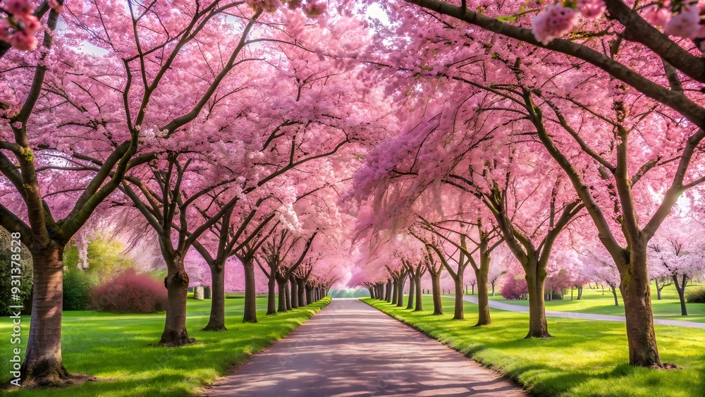 Serene park with blooming cherry blossom trees creating a stunning pink canopy, cherry blossom, trees, park, serene, pink Serene park with blooming cherry blossom trees creating a stunning pink canopy, cherry blossom, trees, park, serene, pink
