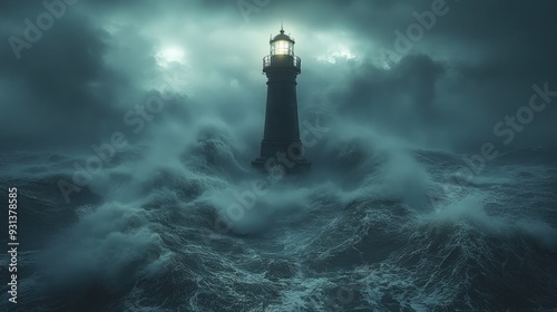 A lighthouse guiding a ship through a stormy sea, symbolizing leadership in troubled times