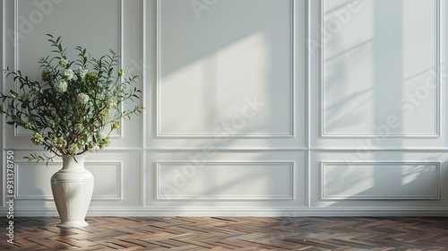 White classic wall background brown parquet floor home furniture detail frame and vase of plant : Generative AI