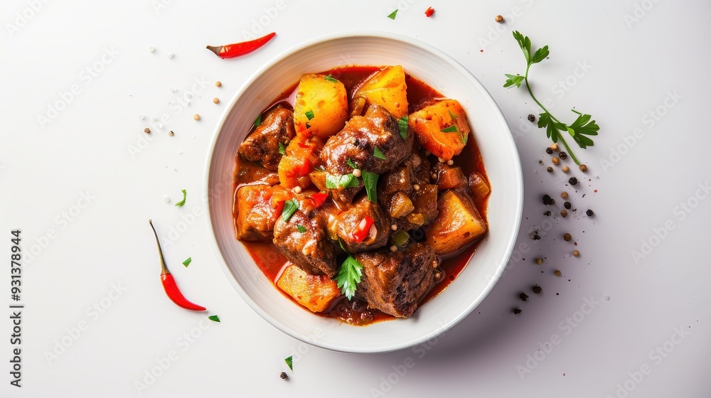A bowl of beef stew with potatoes and peppers A bowl of beef stew with potatoes and peppers
