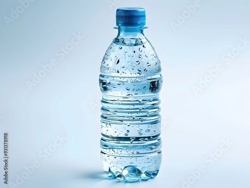 Clear water bottle with condensation against a light background